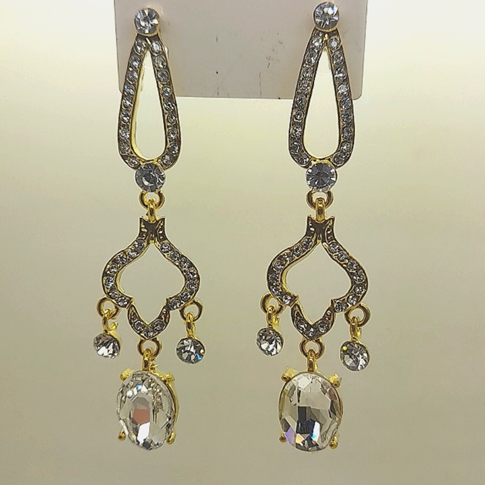 Antique gold tone clear crystal rhinestone drop dangle fashin jewelry earrings